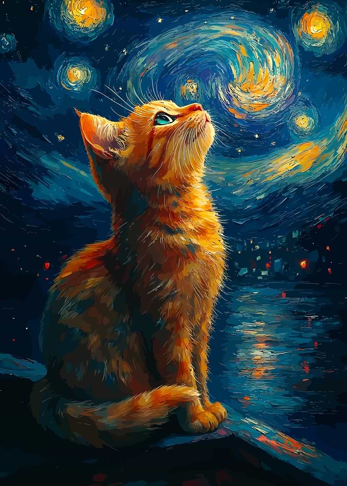 Cat Gazing at Starry Night