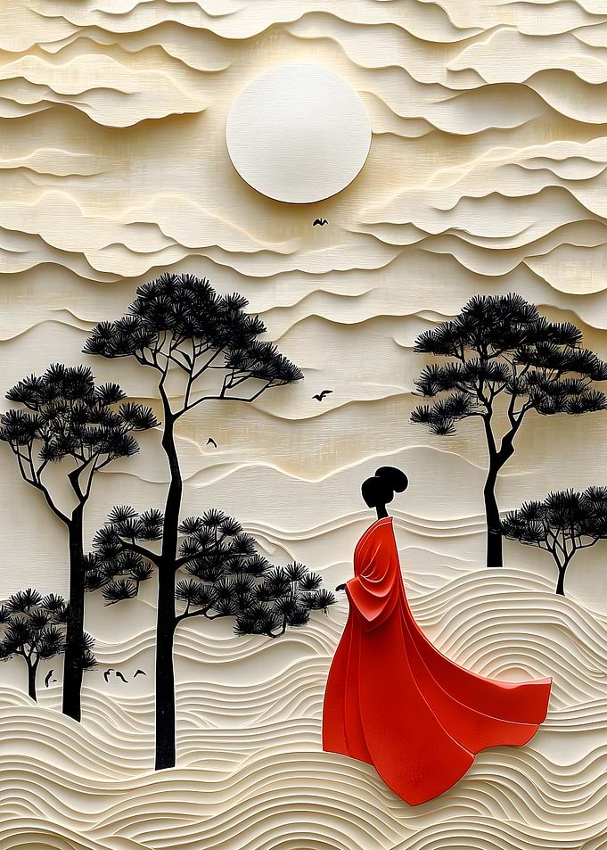 Woman in Red, Paper Art Japanese Landscape