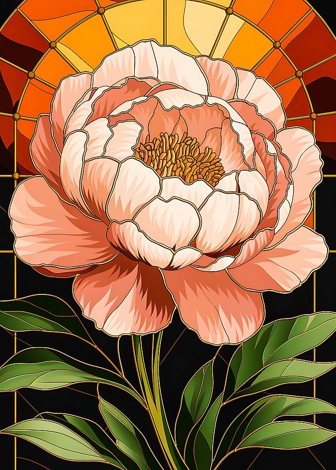 Elegant Peony in Stained Glass