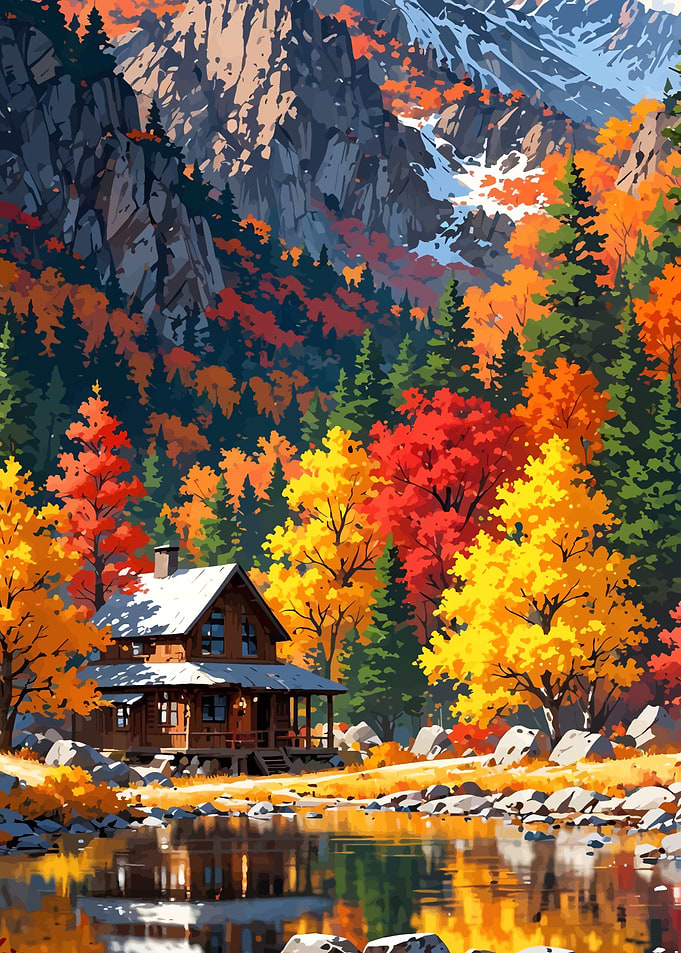 Autumn Cabin by the Lake