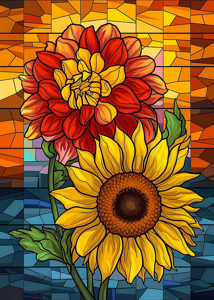 Radiant Dahlia and Sunflower Blossom Stained Glass Design