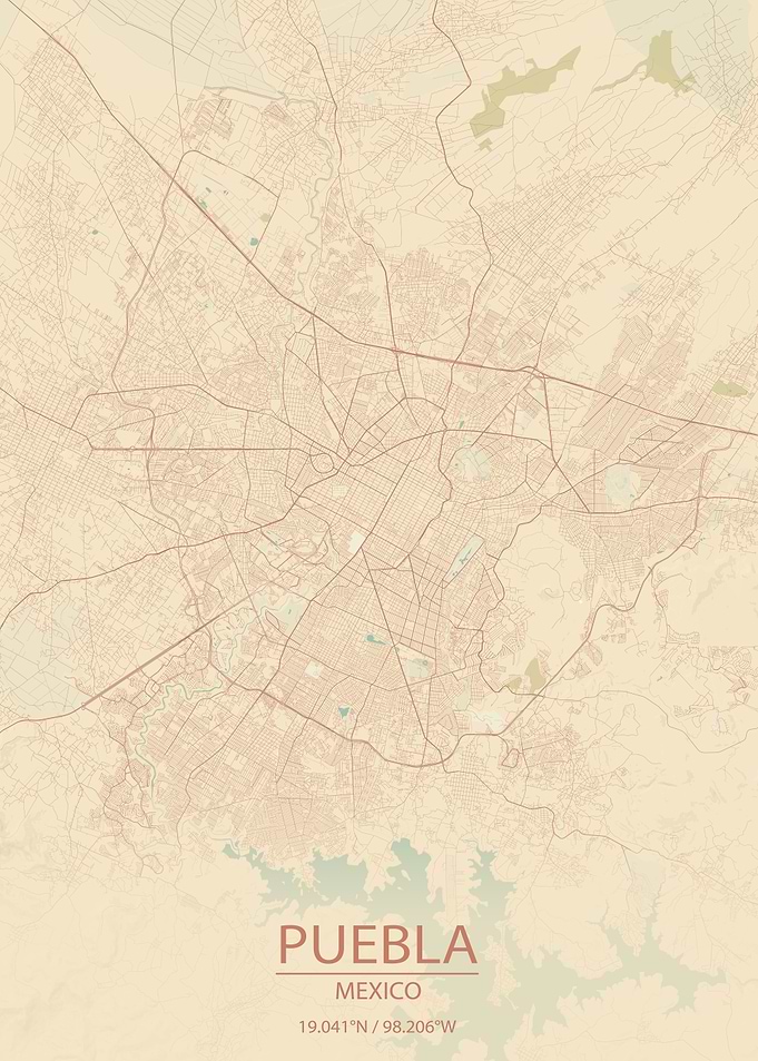 Puebla Mexico City Vintage Style Map