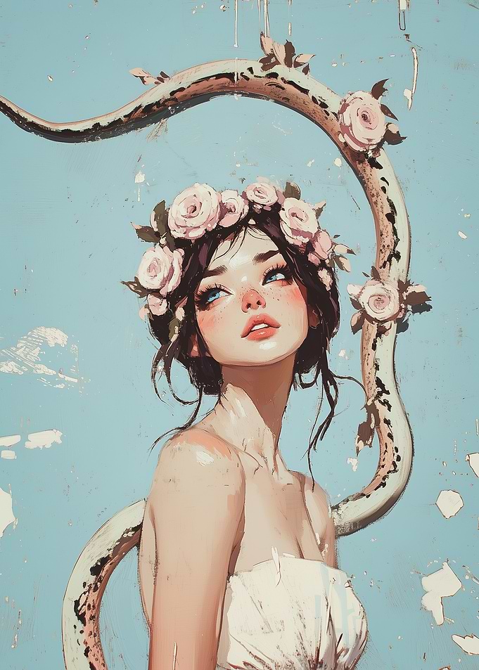 Woman with Snake and Flowers
