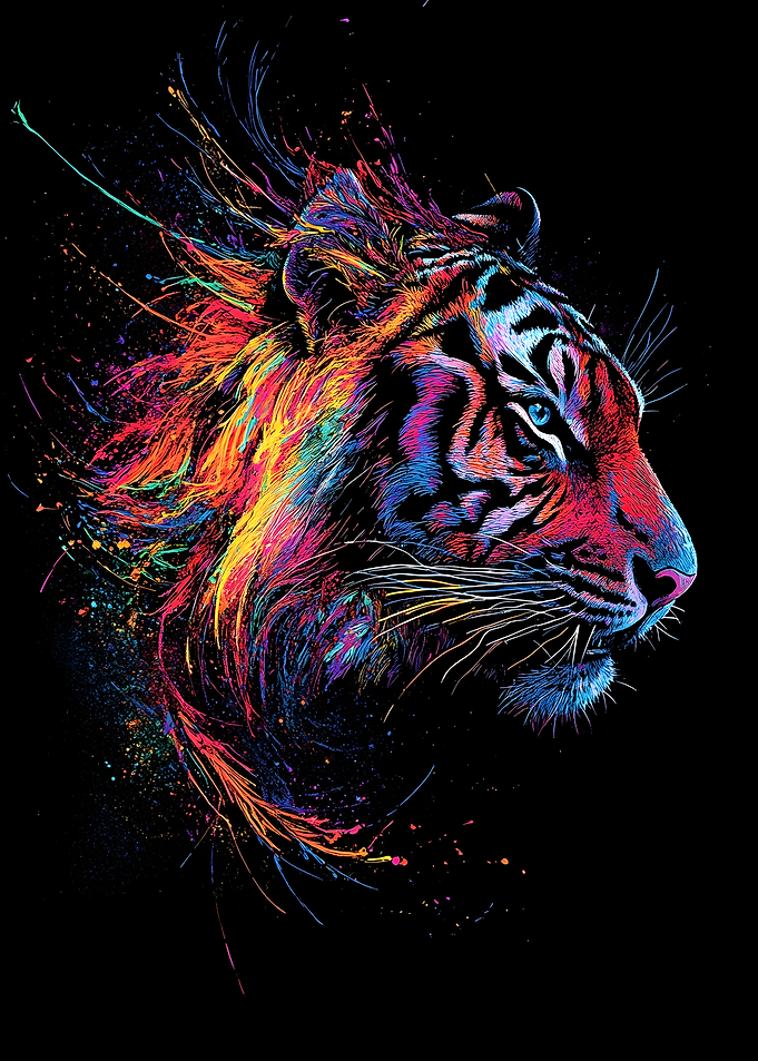 A majestic tiger with its mane swirling in the wind