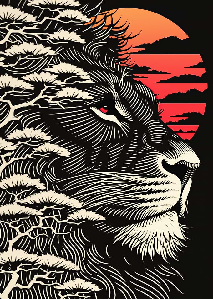 Lion with Trees and Sunset