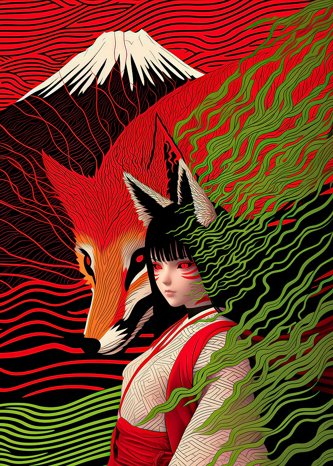 Kitsune Spirit with Mount Fuji