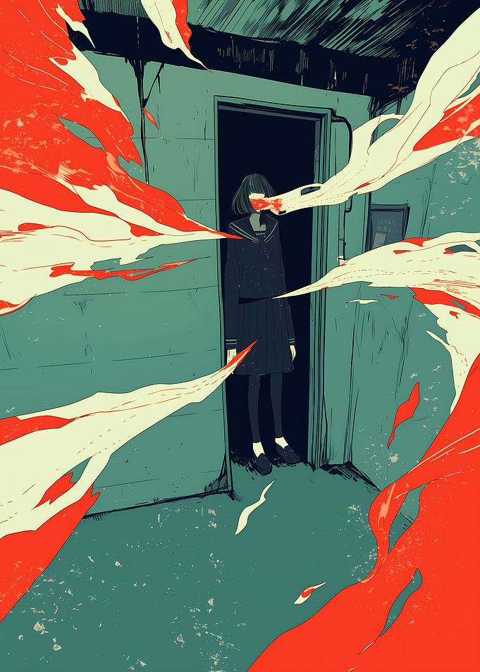 Girl in Doorway with Red and White Streaks