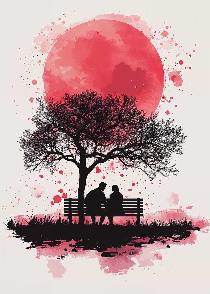 Silhouette Couple Under Red Moon