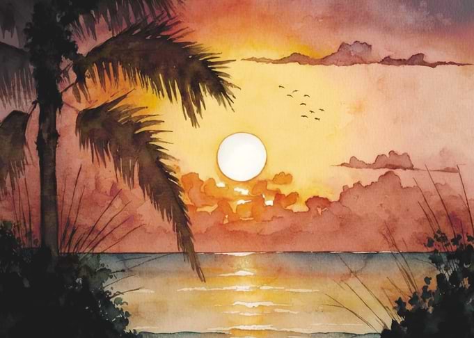 Sunset Palm Watercolor