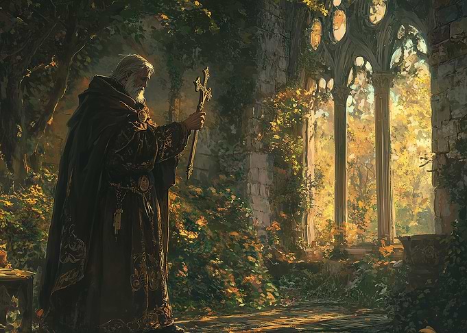 Old Priest with Cross in Ruins