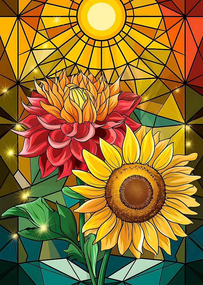 Stained Glass Dahlia and Sunflower with Layered Petal Design