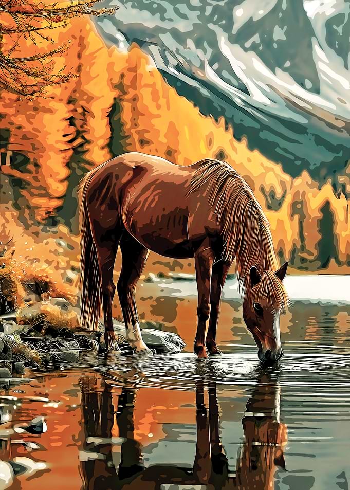 Horse Drinking from Lake