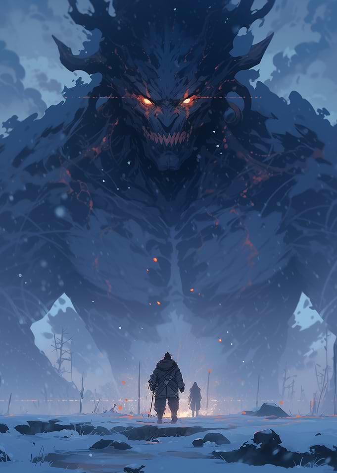 Giant Demon in Snowy Landscape