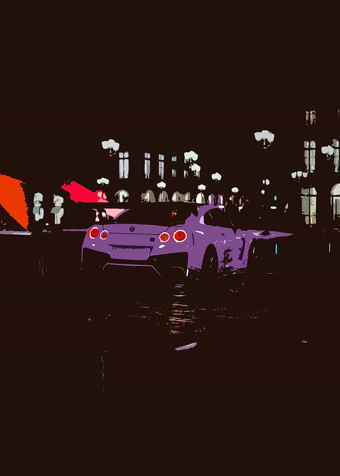 Purple Nissan GT-R in Paris at night