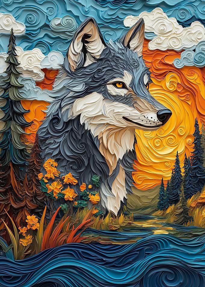 Wolf in a Whimsical Landscape
