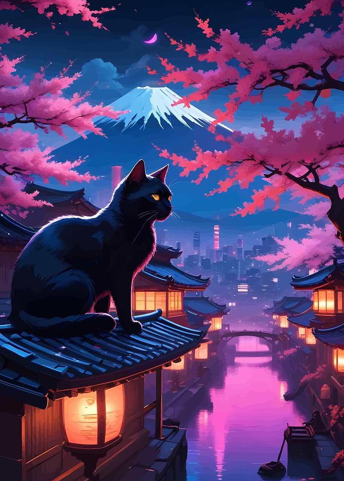 Black Cat on Japanese Rooftop