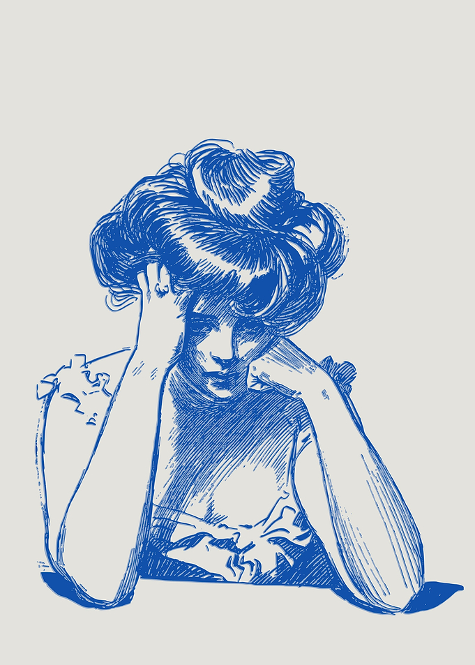 Blue Line Drawing of Woman