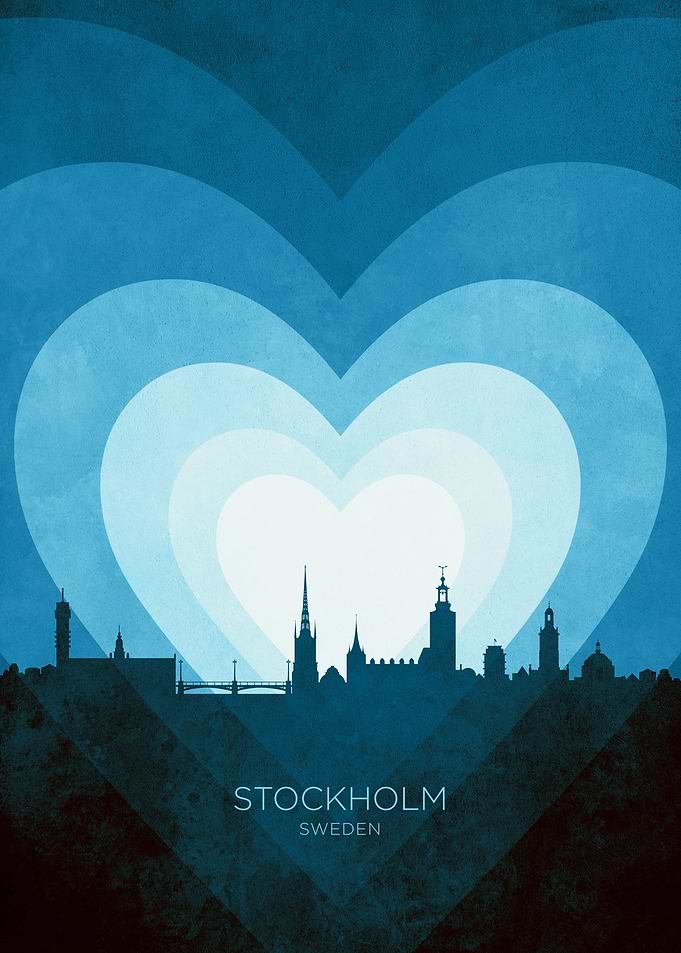 Stockholm Sweden Skyline Hearts Blue