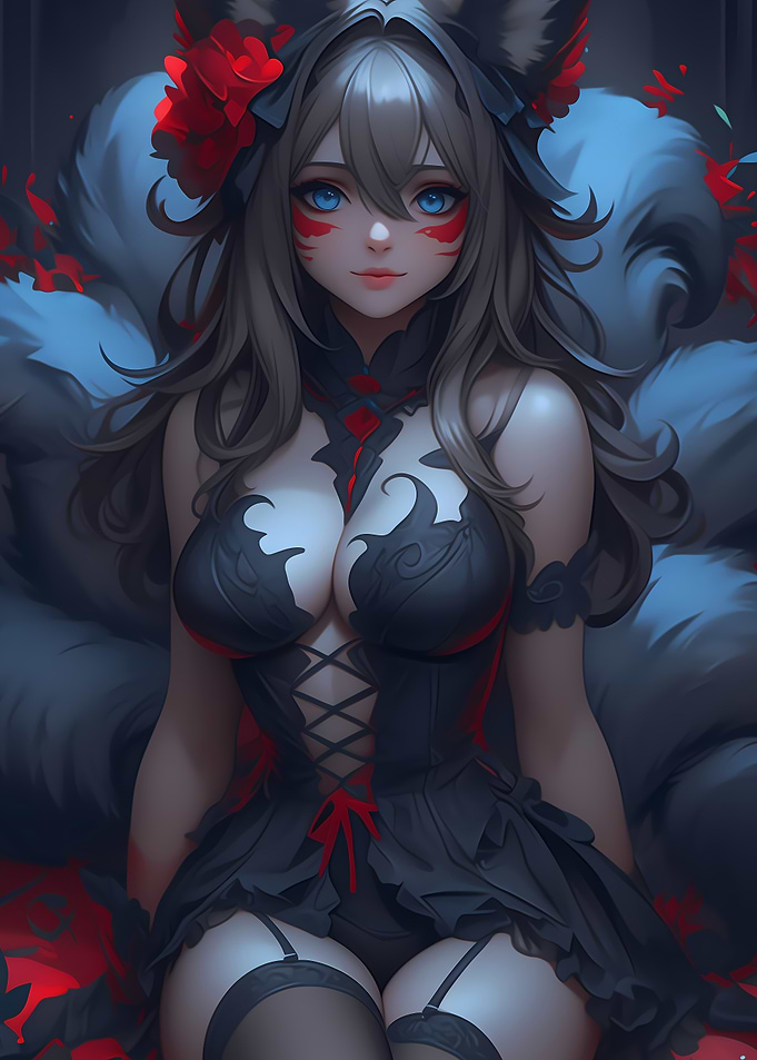 Anime Fox Girl in Black Dress Gaming
