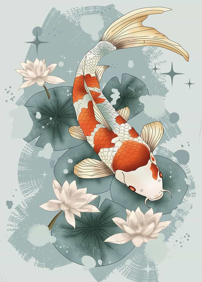 Koi Fish and Lotus Flowers