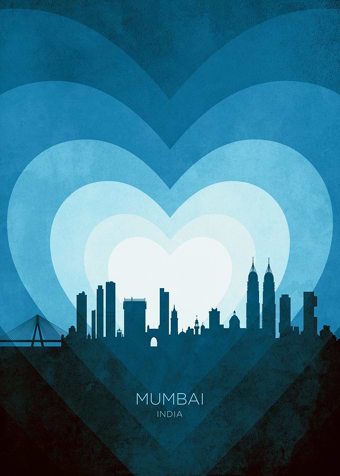 Mumbai Skyline India Bombay Hearts Blue