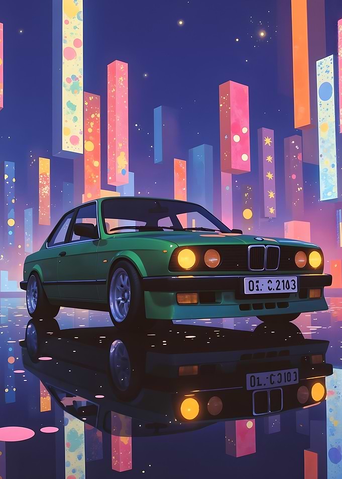 Green BMW in Neon City