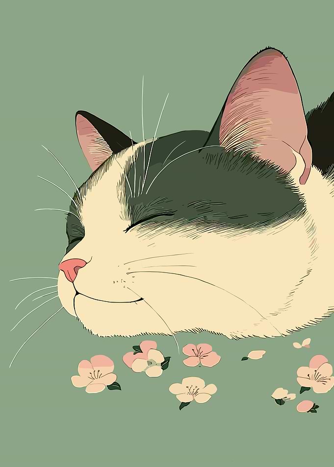 Sleeping Cat with Flowers