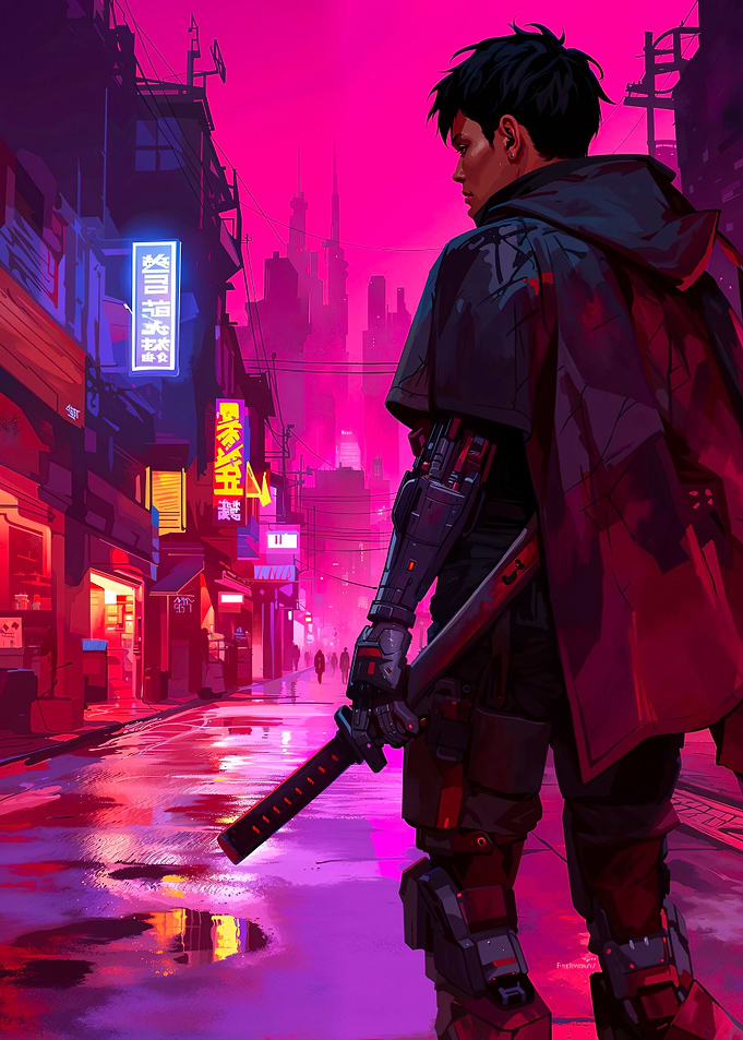 Cyberpunk Cityscape with Samurai