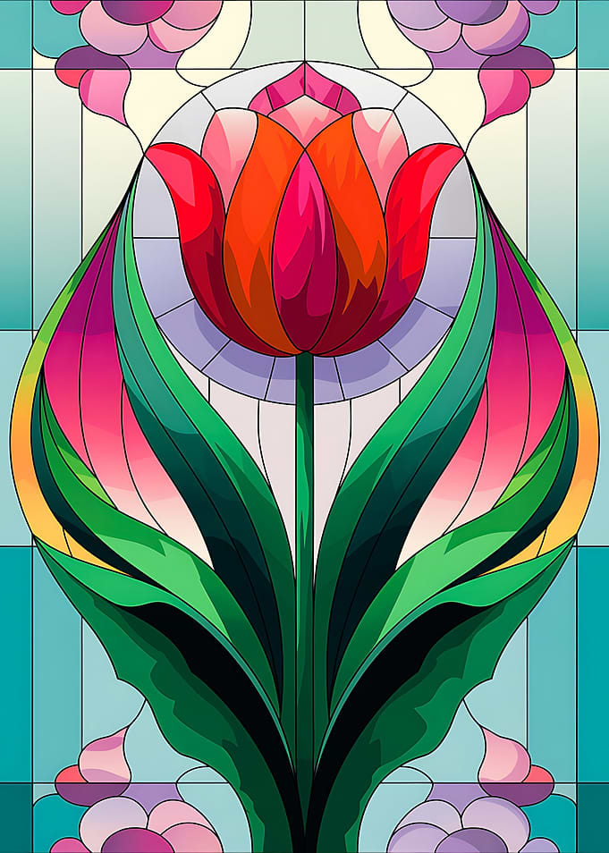 Colorful Tulip in Geometric Art Stained Glass
