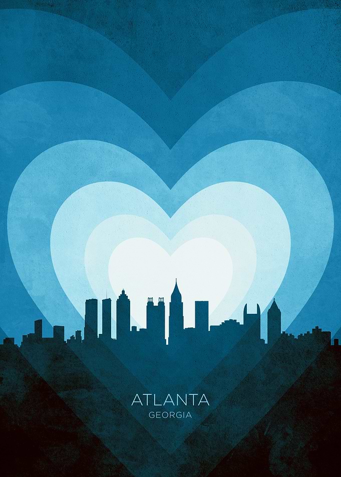 Atlanta Georgia Skyline Hearts Blue