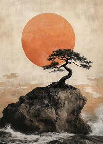 Traditional Bonsai Tree Sunset Artwork