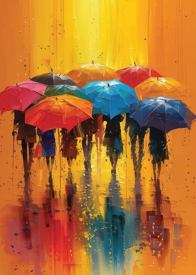 Colorful Umbrellas in Rain