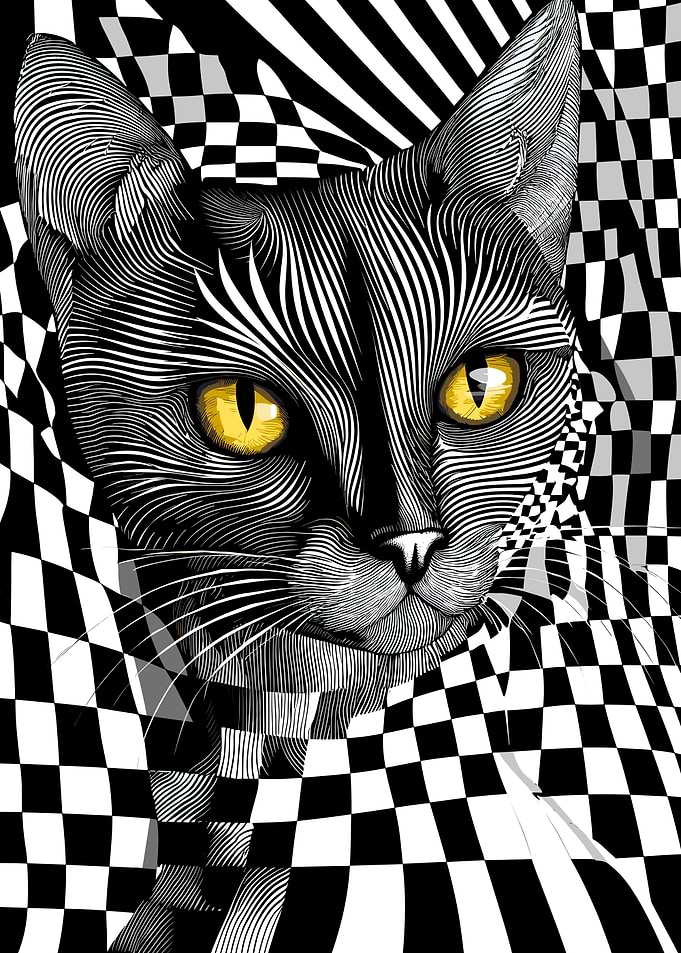 Black Cat with Checkered Background