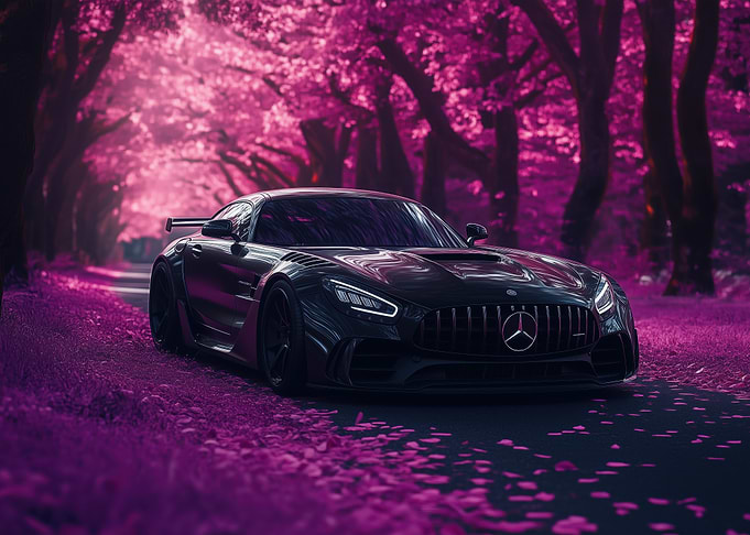 Black Mercedes in Pink Forest