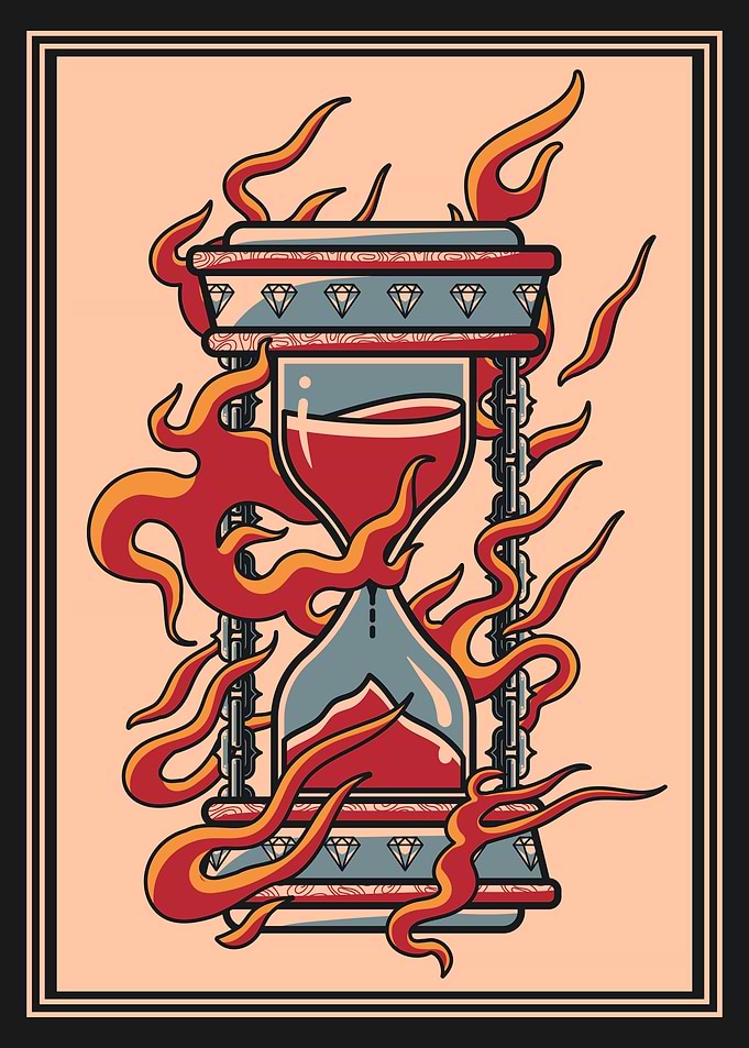 Flaming hourglass vintage illustration