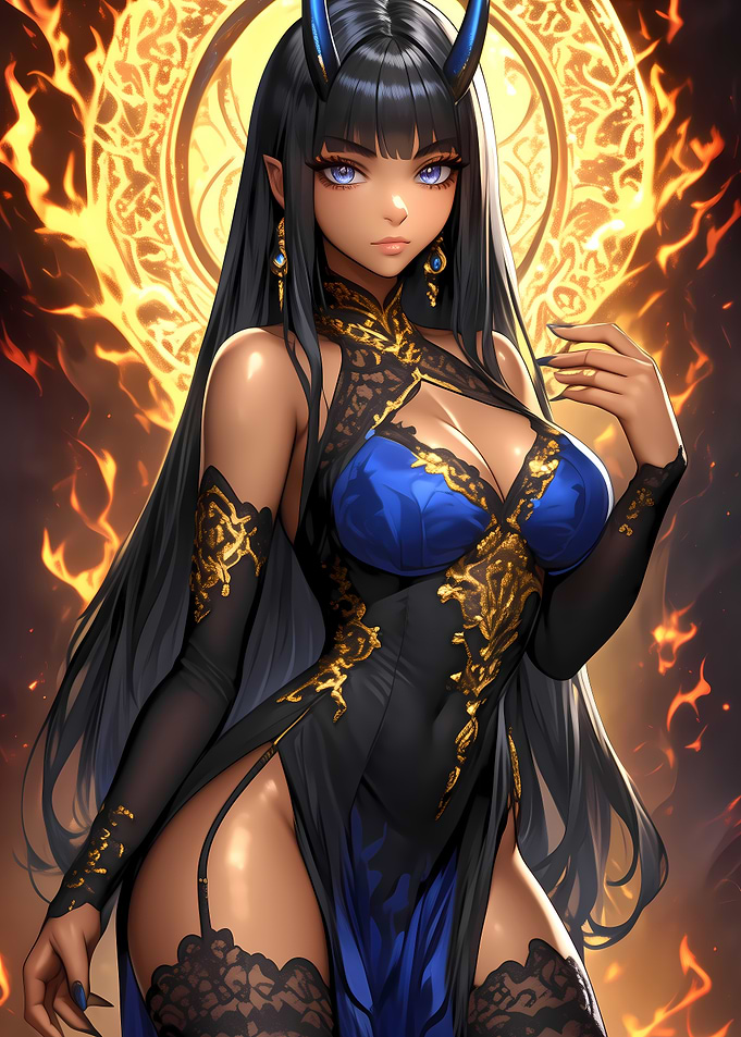 Anime Girl Demoness in Blue and Gold Gaming