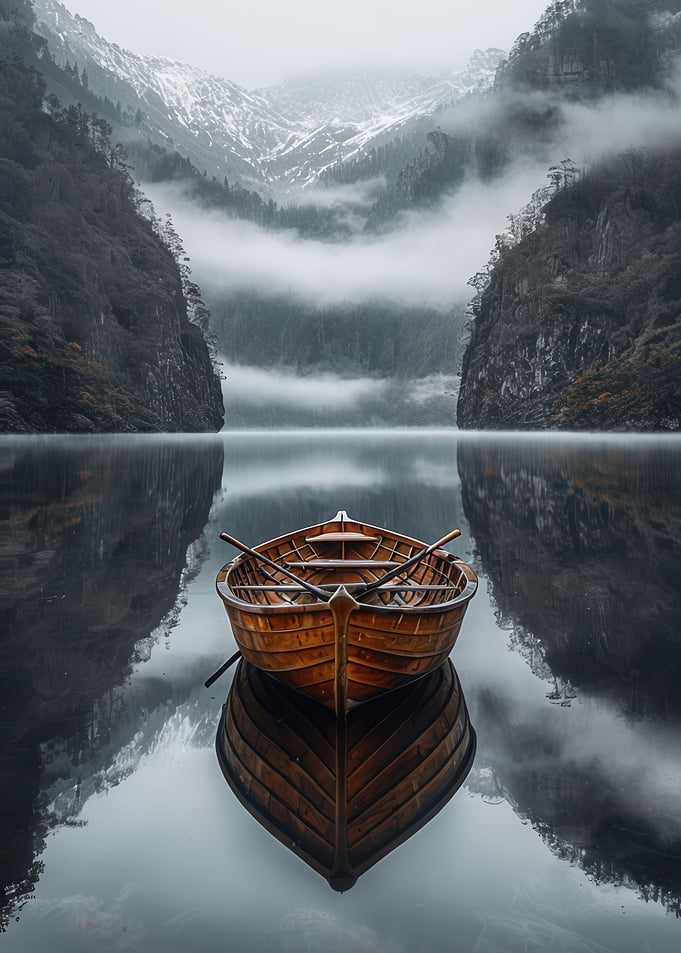 Wooden Boat on Misty Lake