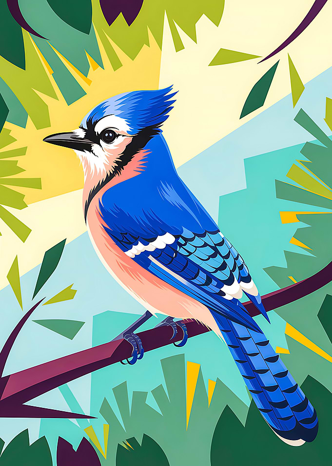 Stylized Blue Jay in Colorful Forest