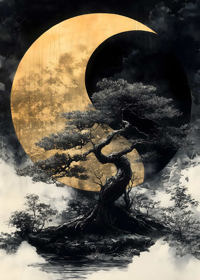 Golden Moon and Bonsai Tree