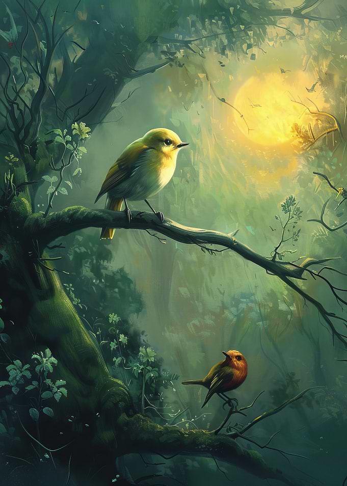 Birds in a Misty Forest