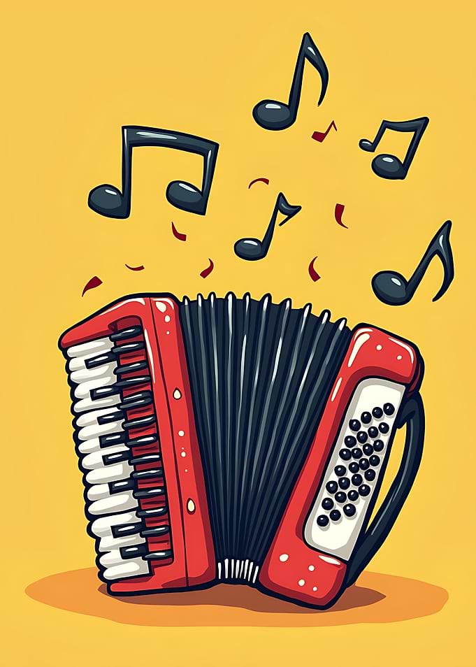 Red Accordion with Music Notes