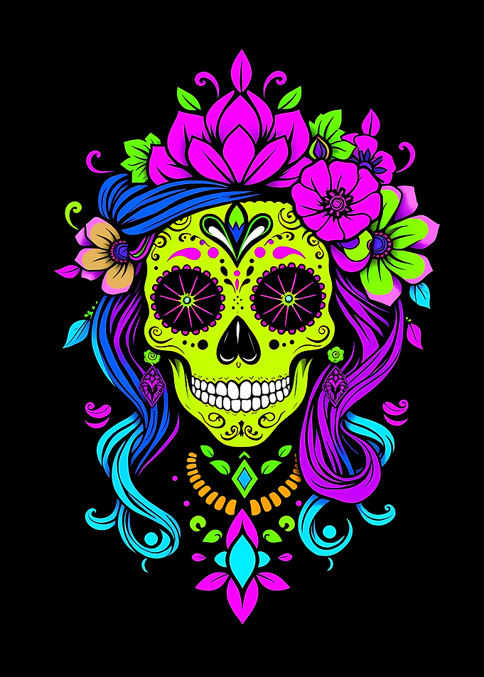 Neon Sugar Skull with Flowers