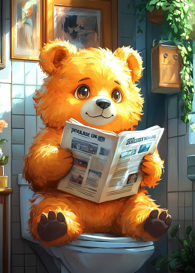 Bear Reading Newspaper on Toilet Funny