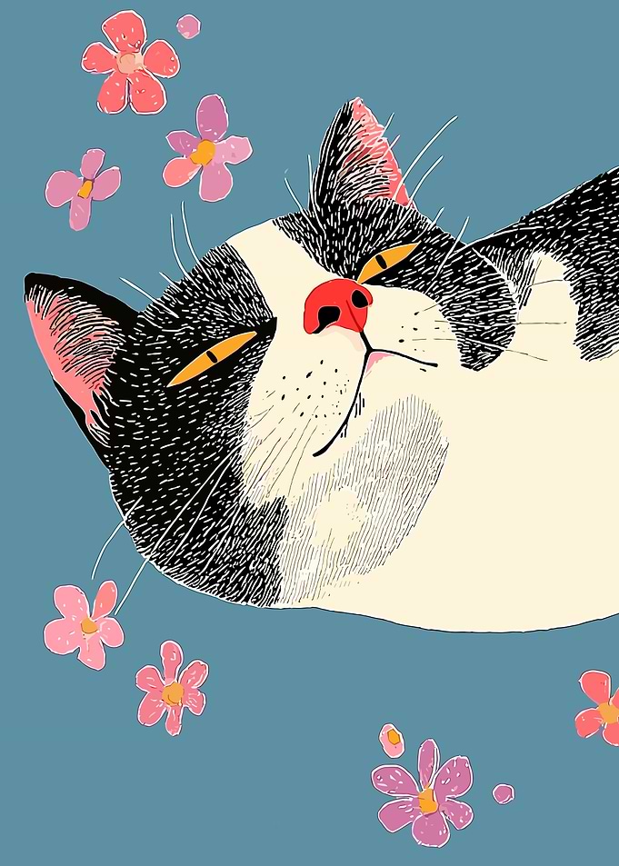 Black and White Cat with Flowers