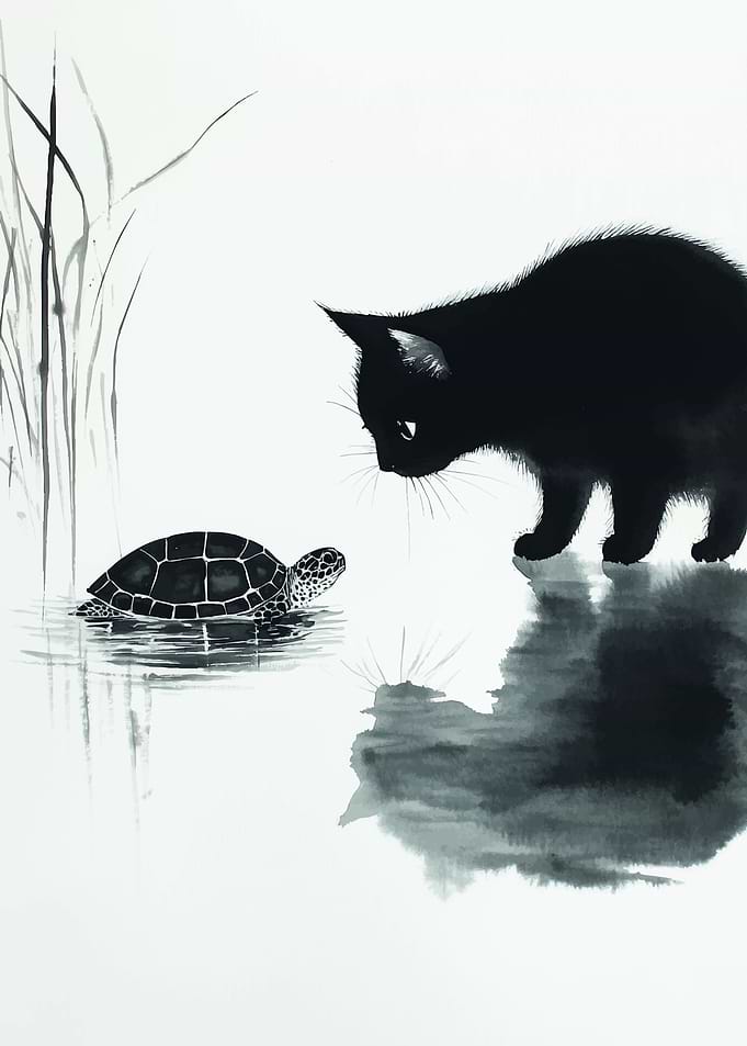 Black Cat and Turtle Friendship