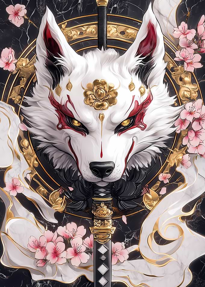 White Akita Dog with Katana Animal