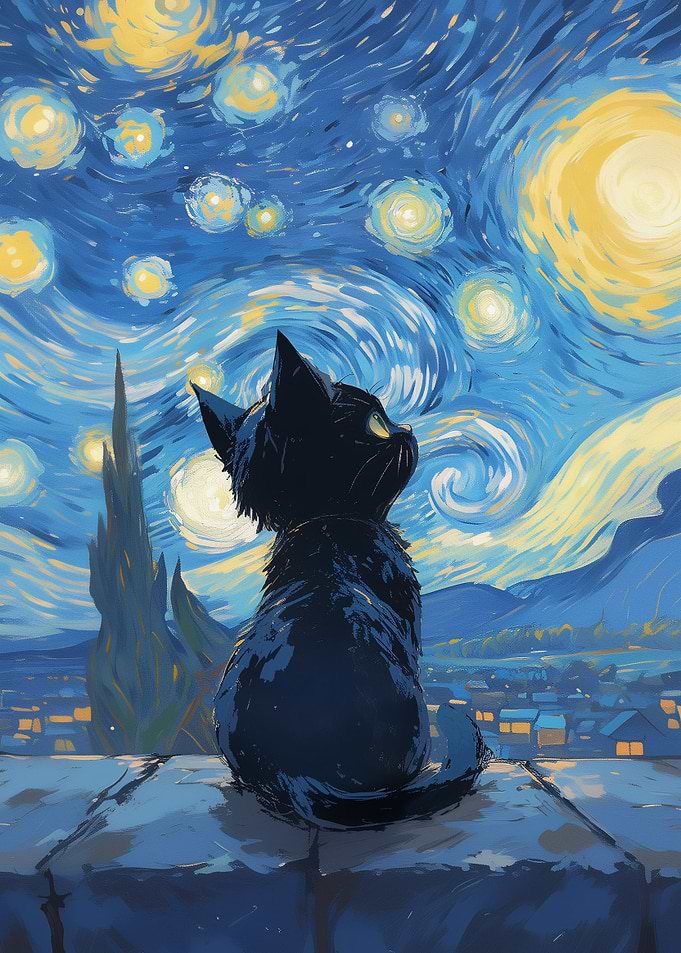 Cat Under Starry Night