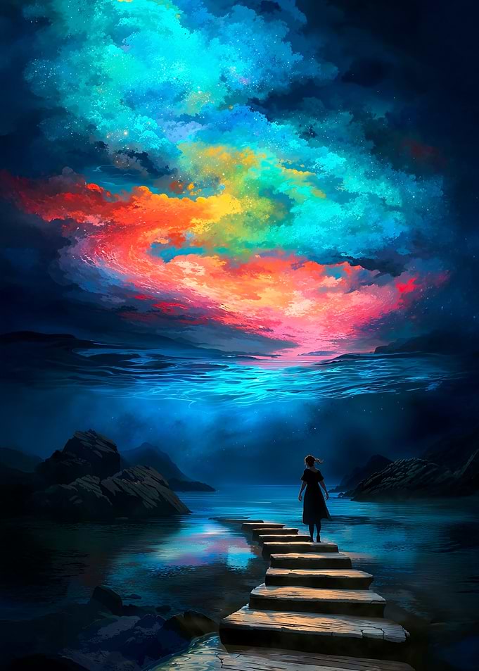 Woman Walking Towards Colorful Sky