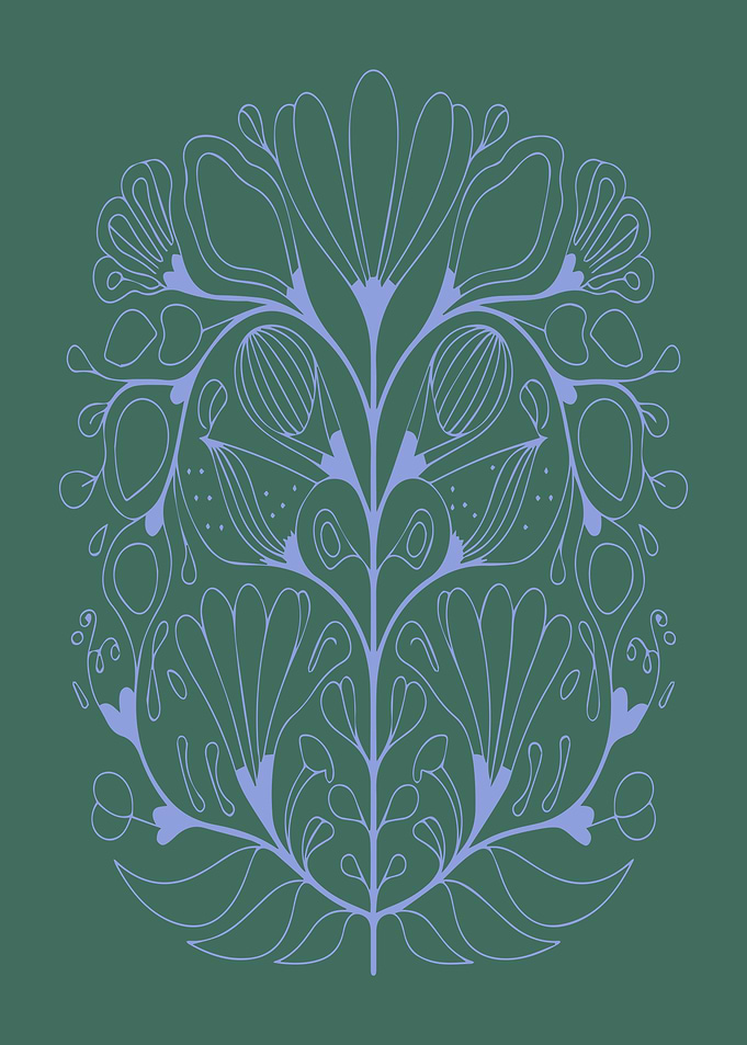 Symmetrical Lavender Floral Design on Green Background