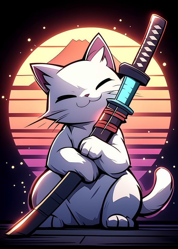 Cat Samurai Retro Art